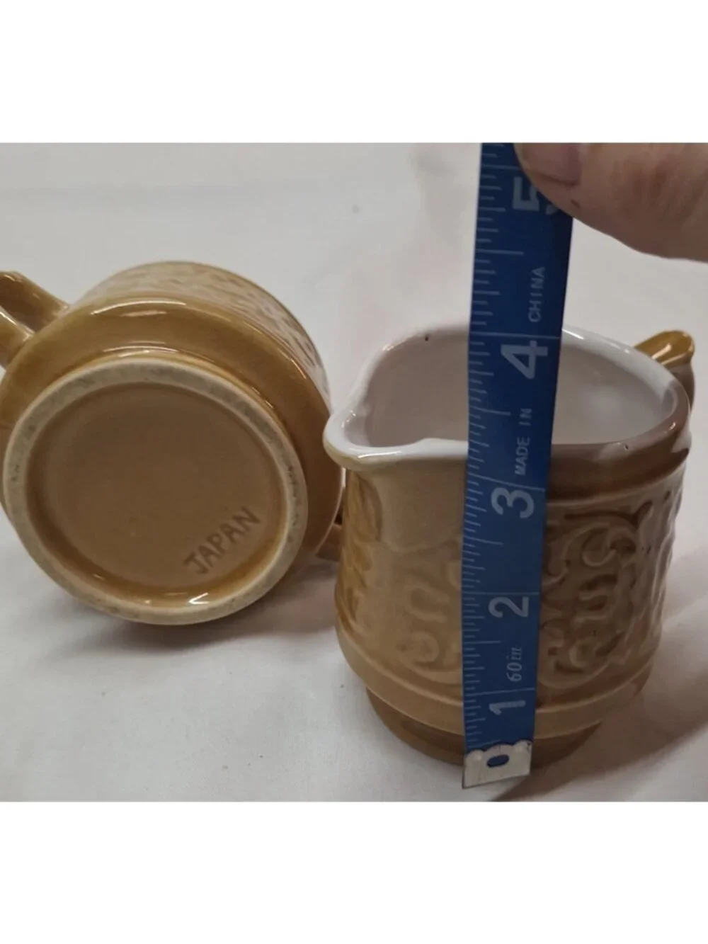 Vintage Japan Ceramic Sugar Bowl & Creamer Set - Embossed Floral Design - Brown